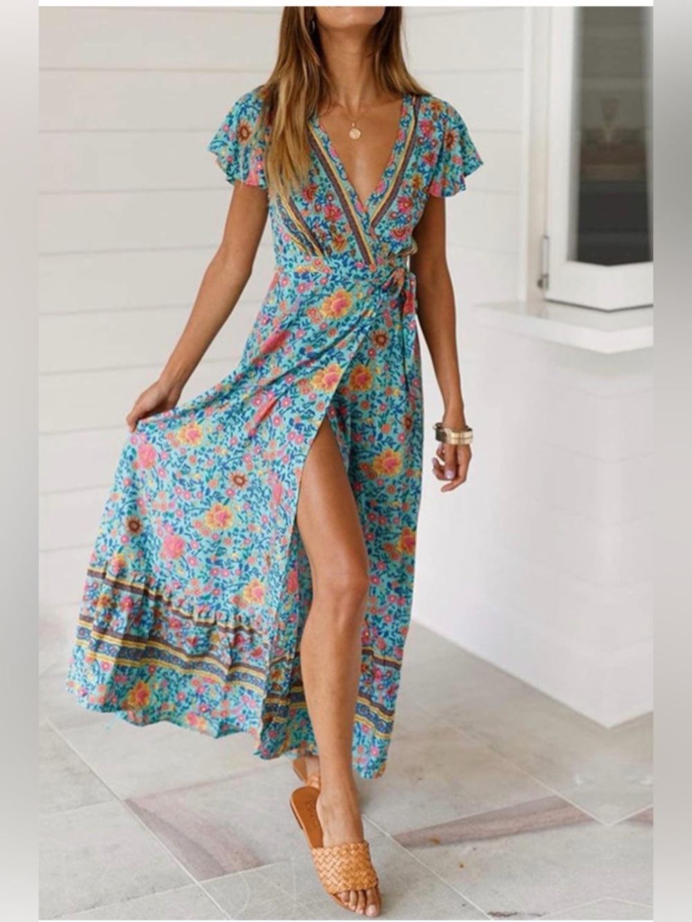 Floral Wrap Maxi Dress in Aqua Blue